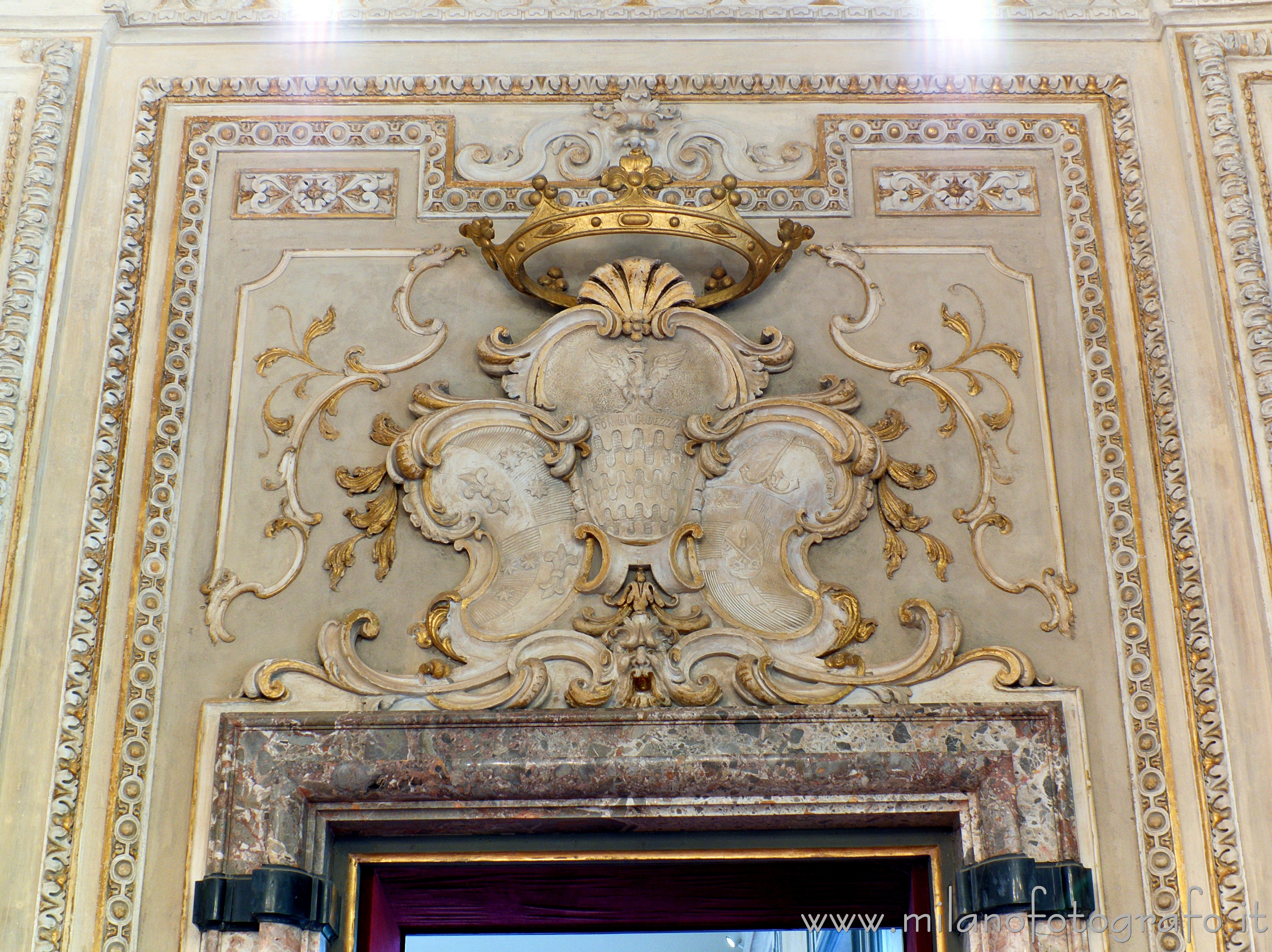 Arcore (Monza e Brianza, Italy) - Coat of arms in gilded stucco in the oval hall of Villa Borromeo d'Adda